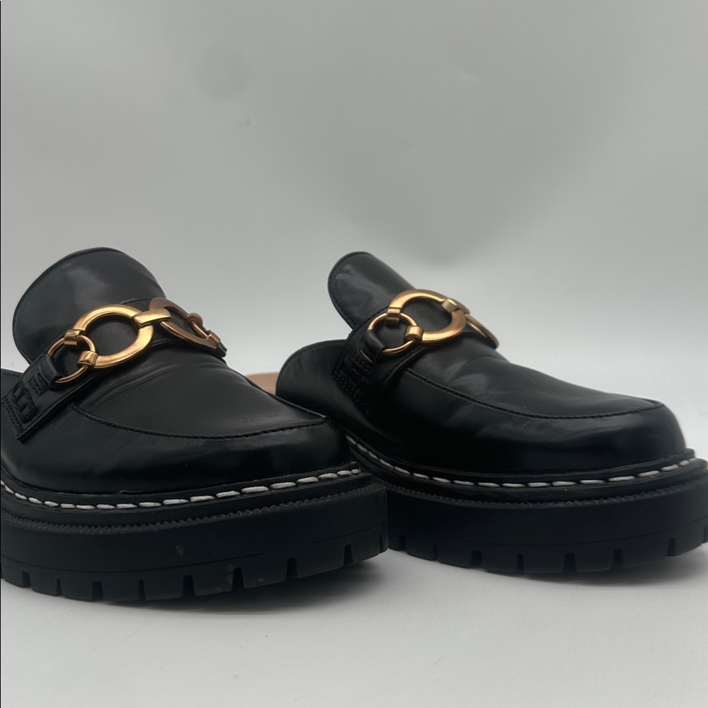 Black Leather Slip-On Mule Loafers with Gold Chain Detail - Picture 6 of 16